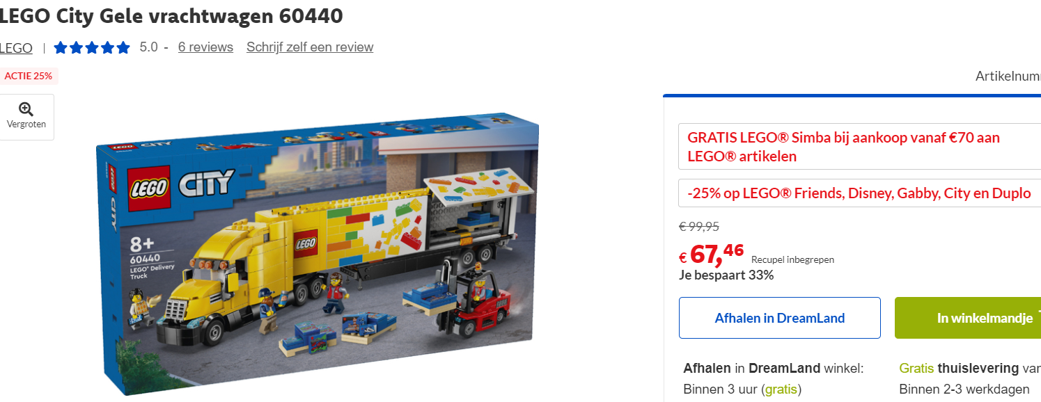-33% LEGO City Gele vrachtwagen 60440 🌈 Dreamland